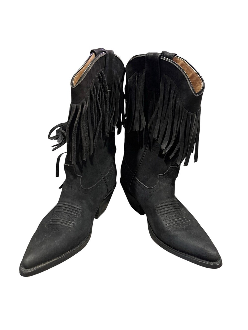 Vintage Hilsa Vaquero Black Leather Fringe Western Boots MX 25.5￼